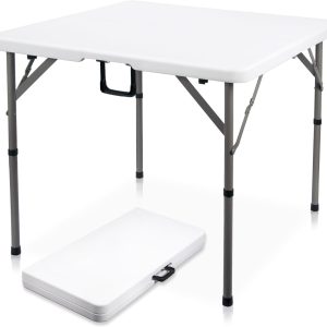 34" Square Folding Card Table, Fold-in-Half Utility Dining Portable Table Heavy Duty White Plastic Foldable with Carrying Handle Indoor Outdoor for Picnic, Camping, Party