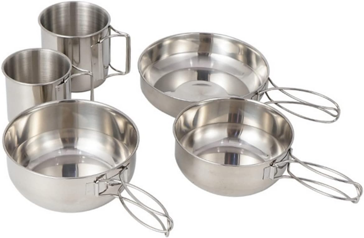 Camping Tableware Cooking Pot Cup Bowl Set 5-Piece Camping Pan Set Outdoor Supplies Stainless Steel Cookware