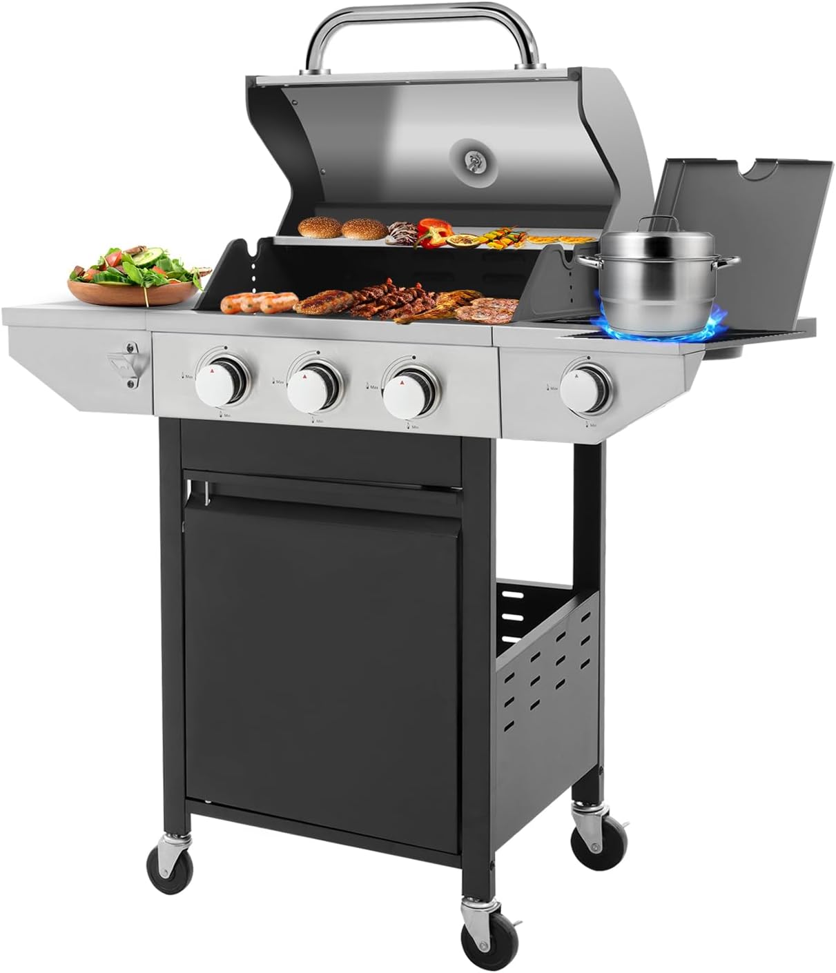 Large Grill with 3-Burners and Side Burner, Outdoor Gas Grill with Porcelain-Enameled Cast Iron Grates, Stainless Steel Camping Barbecue Griddle for Patio, Party,