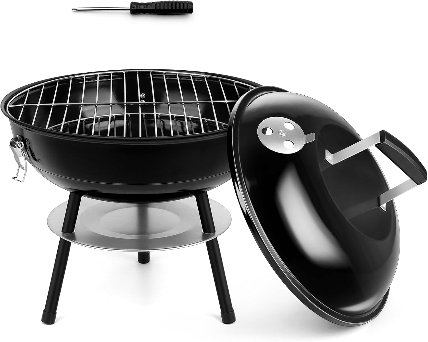 14 Inch Charcoal Grill, Small Black Enamel Outdoor BBQ Grill, Mini Flat Top Kettle Barbecue Grill with Screwdriver, Portable for Backyard Garden Camping Cooking Smoking, Dual Venting System