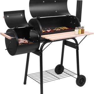 Charcoal Grill, Outdoor Patio Barbecue Cooker with Offset Smoker, Wheels and Tray for Balcony Picnics, Party and Camping