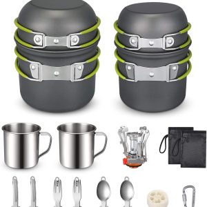 Camping Cookware Mess Kit 19 Pieces Hiking Backpacking Picnic Cooking Bowl Non Stick Pot Pan Knife Spoon Set 19PCS (Green)