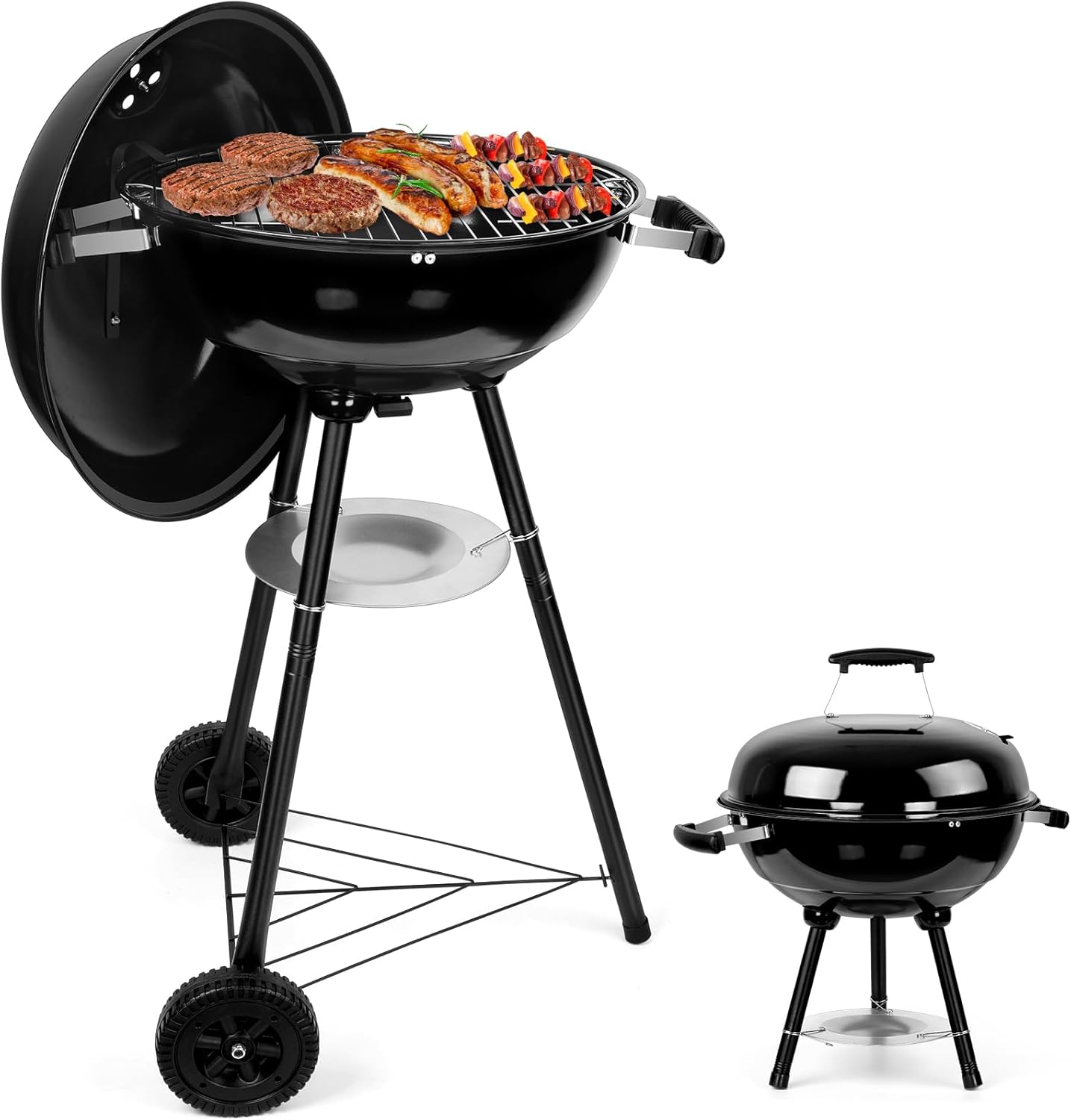 18 Inch Kettle Charcoal Grill, Outdoor Barbecue Grill for Camping/Backyard/Tabletop Cooking, Portable Round Smoker with Wheels, Porcelain-Enameled Lid & Fire Bowl, Dual Venting System, Black