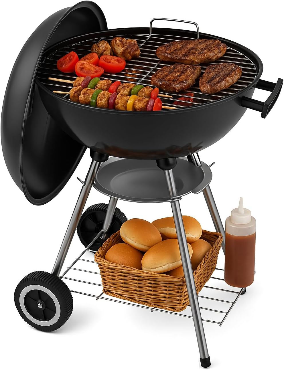 18 Inch Portable Charcoal Grill – Heavy-Duty Round BBQ Grill with Thickened Grilling Bowl, Sturdy with 4 Legs & Wheels for Small Outdoor Barbecue, Camping, Travel, Tailgating & Backyard Cooking