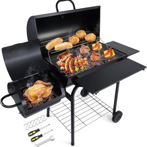 Charcoal Grill Offset Smoker, Heavy Duty Portable Barbecue Grill with 780 SQ.IN. Cooking Grilling Area, BBQ Barrel Grills with Wheels for Outdoor Patio, Side Table & Adjustable Carbon Pan