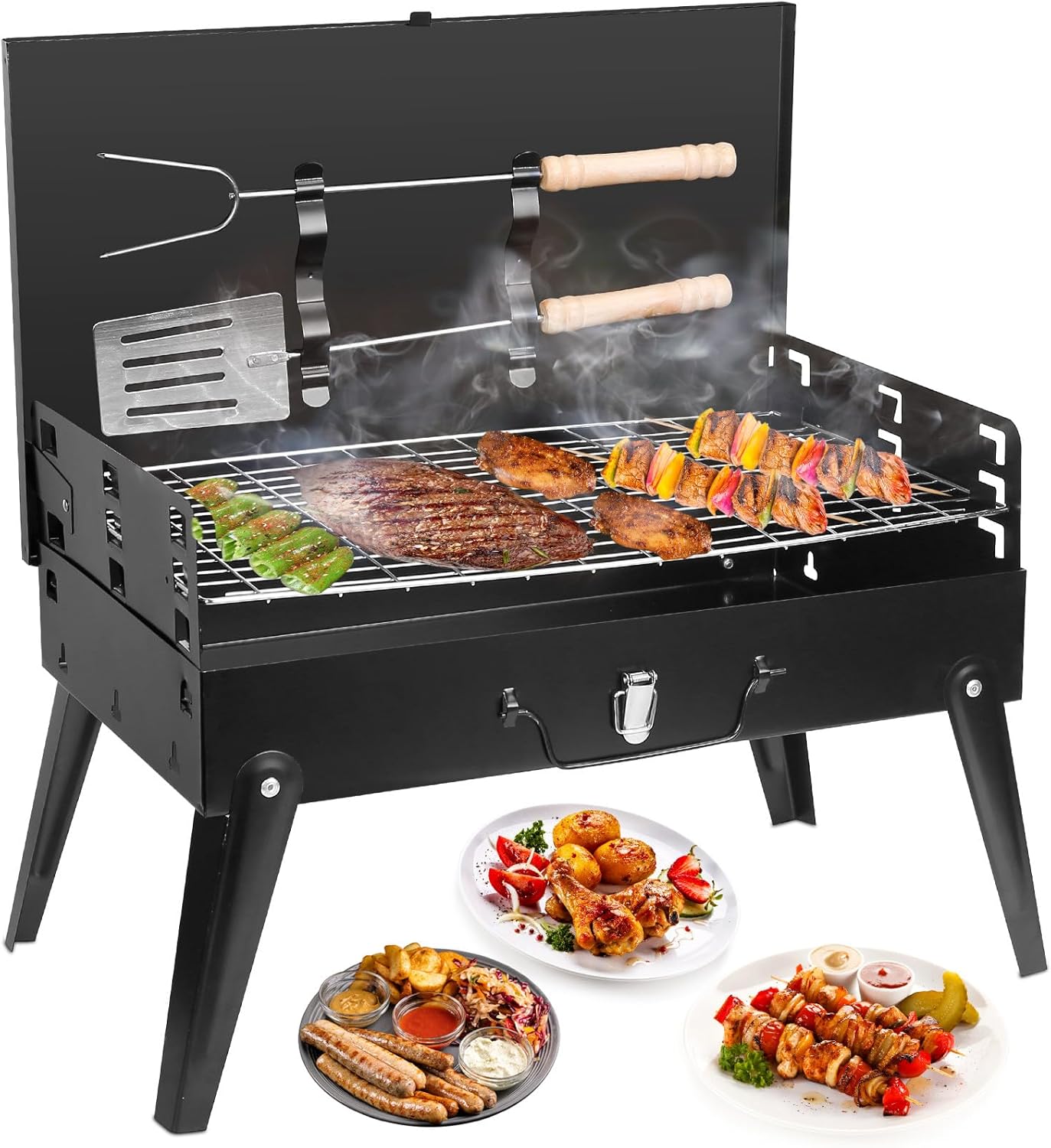 Portable Charcoal Grill, Small BBQ Grill Outdoor Folding Barbecue Grill, Foldable Camping Grill with Barbecue Accessories & Lid for Outdoor Cooking Camp Picnic Hiking Beach Patio Smokers