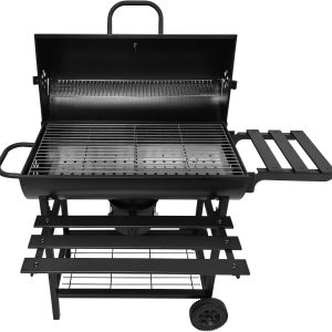 28-Inch Charcoal Grill - 2 Foldable Side Tables, Bottom Storage Shelf, BBQ in all directions Pull-out Ash Tray, Outdoor BBQ Grill for Family Gatherings Camping - Black