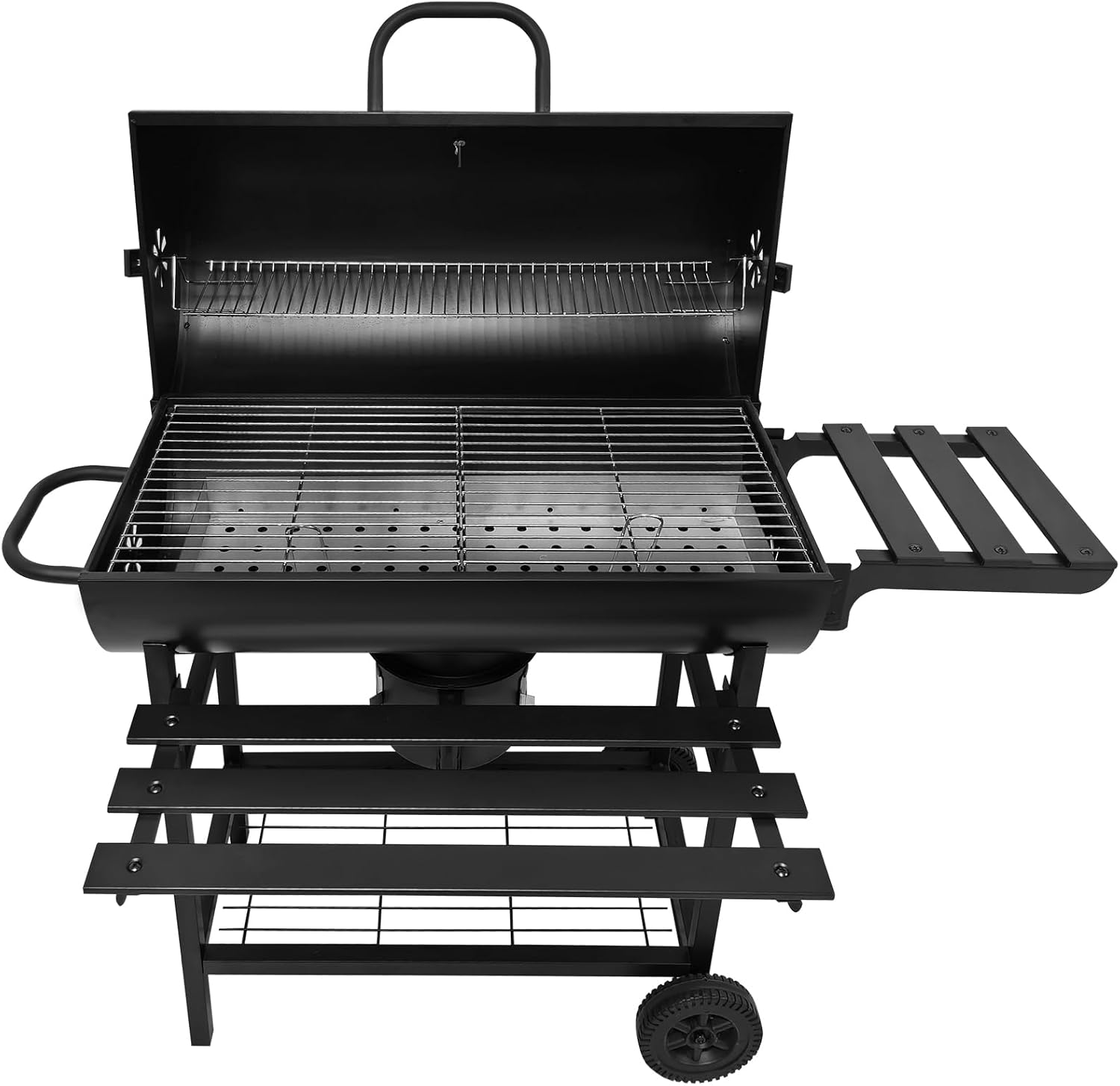 28-Inch Charcoal Grill - 2 Foldable Side Tables, Bottom Storage Shelf, BBQ in all directions Pull-out Ash Tray, Outdoor BBQ Grill for Family Gatherings Camping - Black