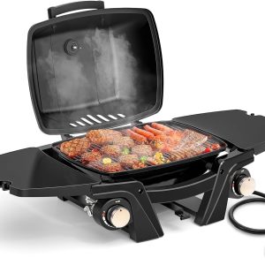 Gas Grill Portable Propane Grill, Tabletop Grill Propane,   Outdoor BBQ Grill Camping Grill with Two Burners, Removable Side Tables, Built in Thermometer, Black