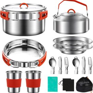 304 Stainless Steel Camping Cookware Set - Mess Kit with Pots, Pans, Kettle, Plates, Forks, Knives, Spoons for 2 People, Perfect for Camping, Picnic, RVs