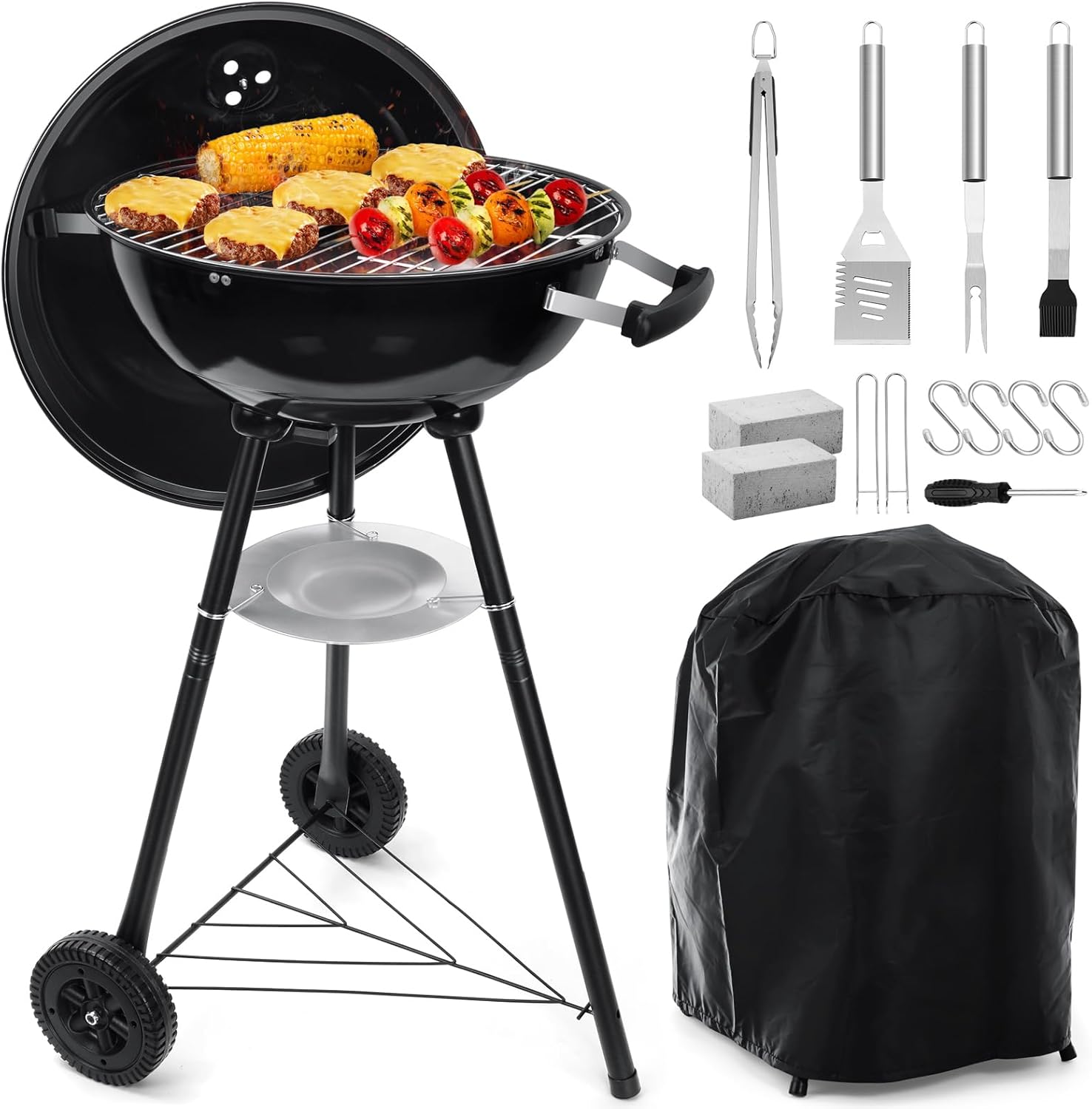 18 Inch Charcoal Grill, 2-In-1 Kettle Outdoor Barbecue Grill, Portable Black BBQ Grill for Camping/Backyard/Patio/Picnic, Porcelain-Enameled Lid & Fire Bowl, 254.SQ.IN Cooking Area, 15Pcs
