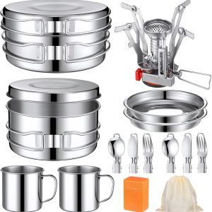 15 Pcs Camp Cooking Set Stainless Steel Camping Cookware Mess Kit with Pot Pan and Stove 2 Set Stainless Steel Cups Plates Forks Knives Spoons for Camping Backpacking Outdoor Cooking Picnic