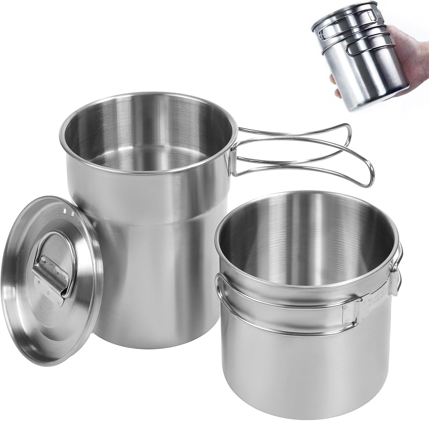 Foldable Camping Cups Mugs Camping Pot Cookware 304-Food-Grade Outdoor Camp Cooking Set with Vented lid,Stainless Steel Backpacking Cookware for Hunting