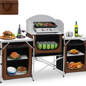 Camping Kitchen Table, Aluminum Portable Outdoor Cooking Table, Foldable Camp Table with Windscreen and 3 Storage Cupboards Multifunctional for BBQ, Party, Picnics & Outdoor Brown