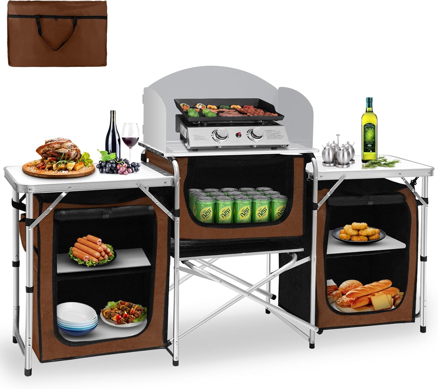 Camping Kitchen Table, Aluminum Portable Outdoor Cooking Table, Foldable Camp Table with Windscreen and 3 Storage Cupboards Multifunctional for BBQ, Party, Picnics & Outdoor Brown