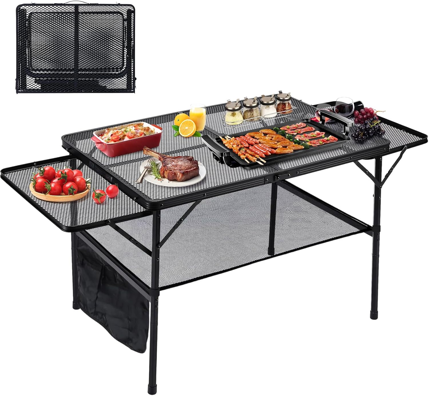 4.4FT Folding Grill Table, Portable Camping Table with Extension Board, Height Adjustable Metal Table with Mesh Desktop, Lightweight Outdoor Grill Table for Camping, Picnic, Beach and BBQ