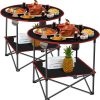 2 Pcs Folding Camping Table with 4 Mesh Cupholders 2 Tier Portable Folding Table Round Lightweight Fabric Compact Carrying Case Beach Table for Summer Outdoor Tailgating Fishing Hiking