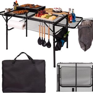Folding Table w/ Carry Bag, Paper Towel Holder, Garbage Holder, Wing Panels, 3x2 FT Foldable Table for Portable Grill, Picnic, Outdoor, Beach, Small Folding Table Adjustable Height,Camping Table, BBQ