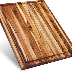 Laurel Cutting Board | Teak Edge Grain Cutting Board for Kitchen with Juice Groove | Reversible Charcuterie Butcher Block | Gift Box Included | 18x14x1.25 in