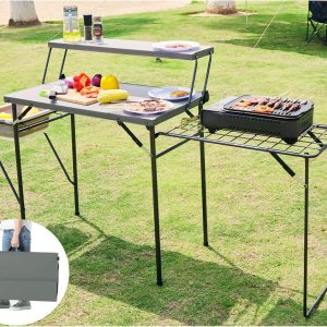 Folding Grill Tables for Outside Camping, Lightweight Kitchen Camping Table with Grill Stand for Stove, Grey
