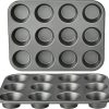Nonstick Round Muffin Baking Pan, 12 Cups, Set of 2, Gray, 13.9x10.55x1.22"