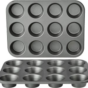 Nonstick Round Muffin Baking Pan, 12 Cups, Set of 2, Gray, 13.9x10.55x1.22"
