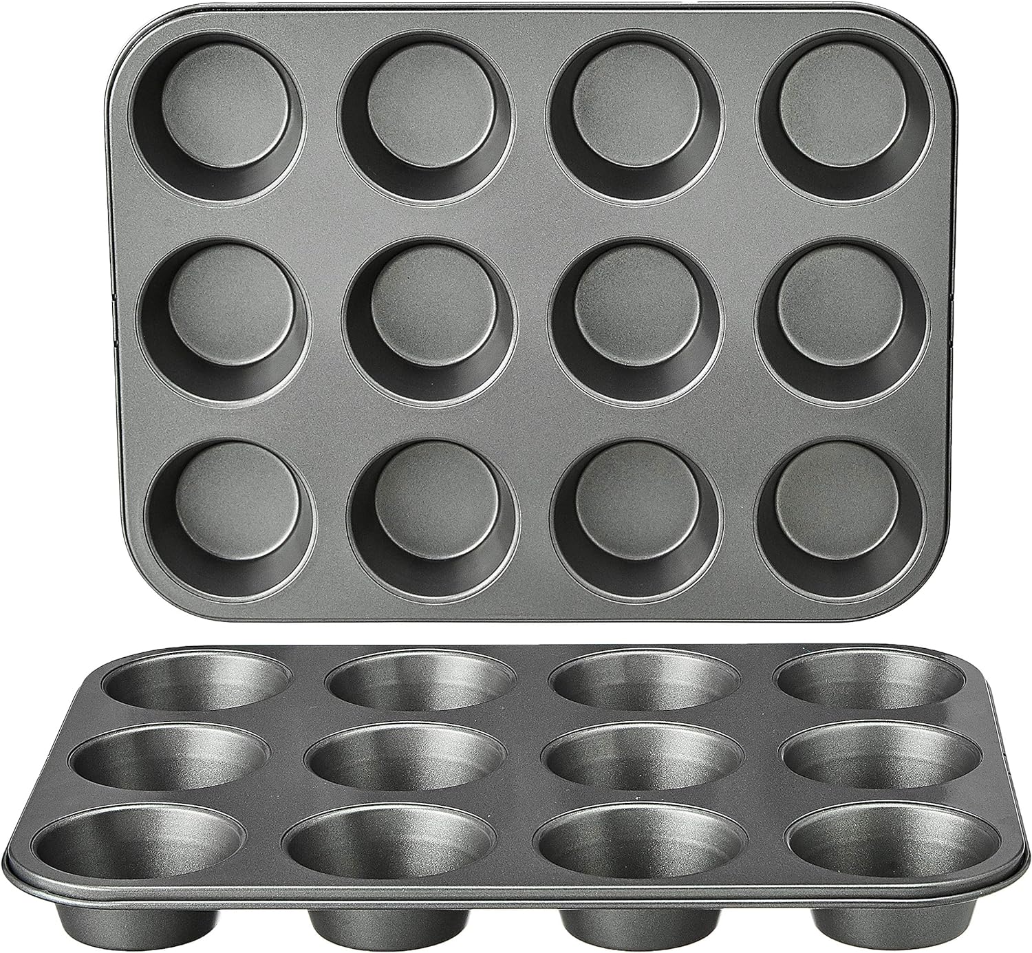 Nonstick Round Muffin Baking Pan, 12 Cups, Set of 2, Gray, 13.9x10.55x1.22"